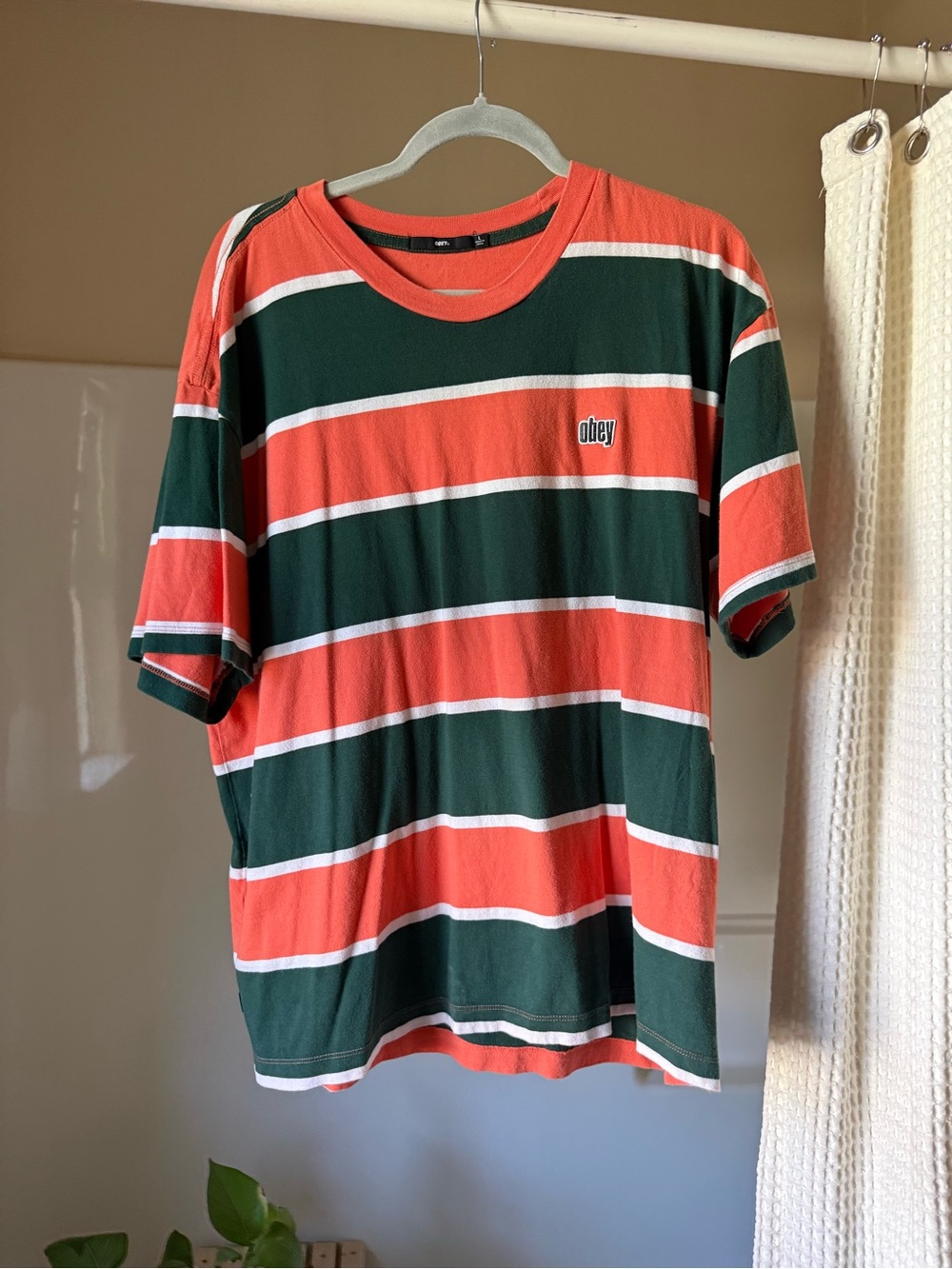 Obey Green & Coral Stripe Crewneck Shirt